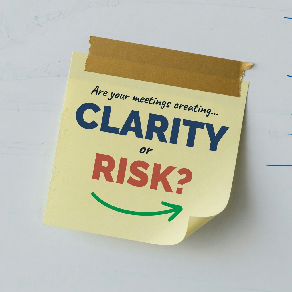 Sticky note on a whiteboard: Are your meetings creating Clarity or Risk?